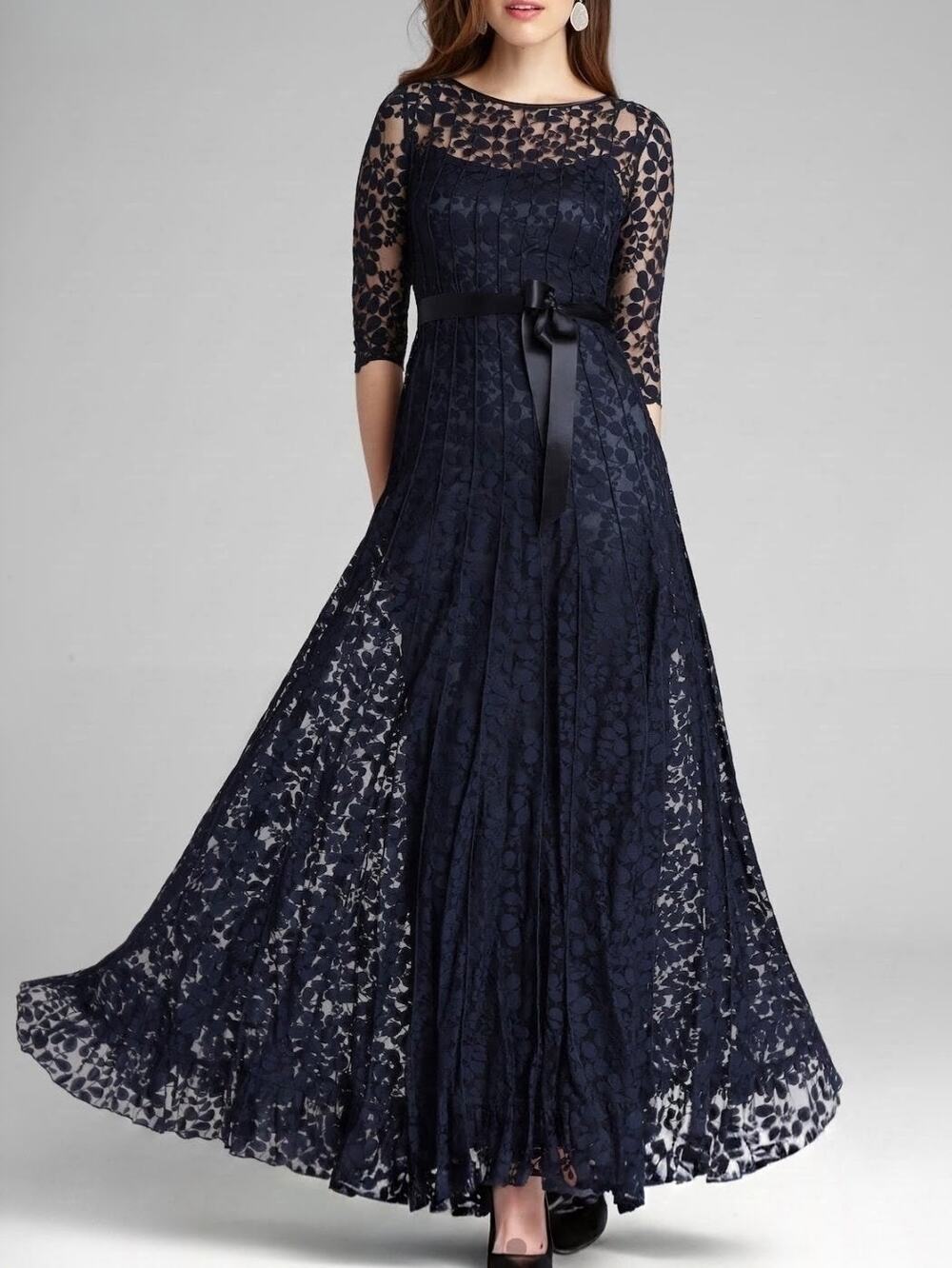 Teri Jon by Rickie Freeman Lace Illusion Formal Navy Gown Maxi 14 NWT